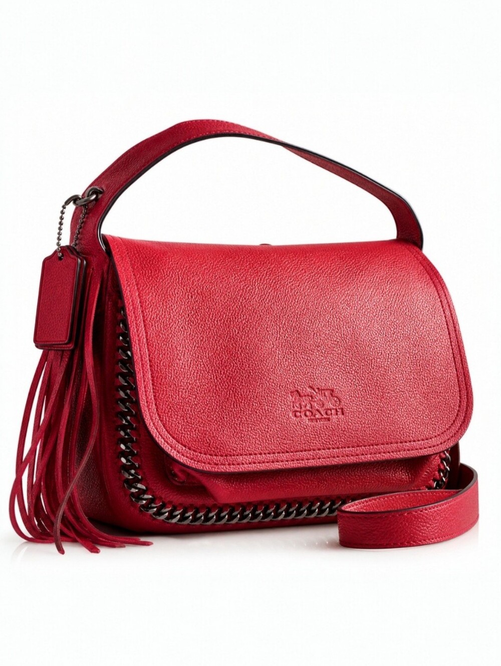 COACH Dakota Fringe Flap Crossbody Red Pebbled Leather Chain Authenticated
